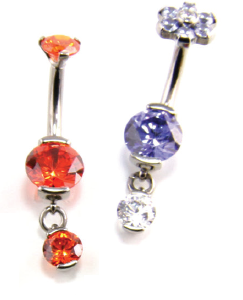 Prong-Set Round Faceted Gem Curved Barbells w. Dangle Style 1
