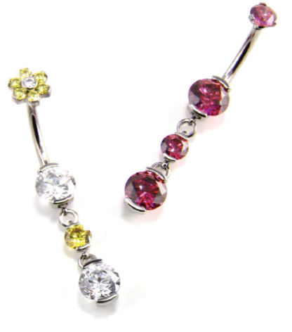 Prong-Set Round Faceted Gem Curved Barbells w. Dangle Style 5